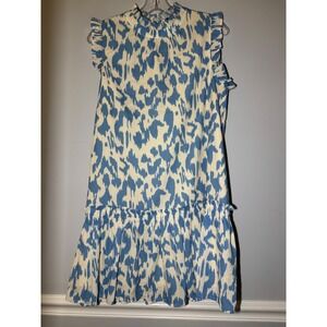 PINCH Dress Womens Large Blue White Abstract Ikat Ruffle Mock Neck Mini